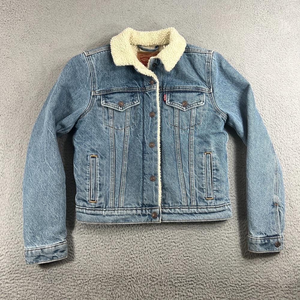 Levi Strauss Denim Trucker Jacket Womens S Blue Sherpa Lined Classic
